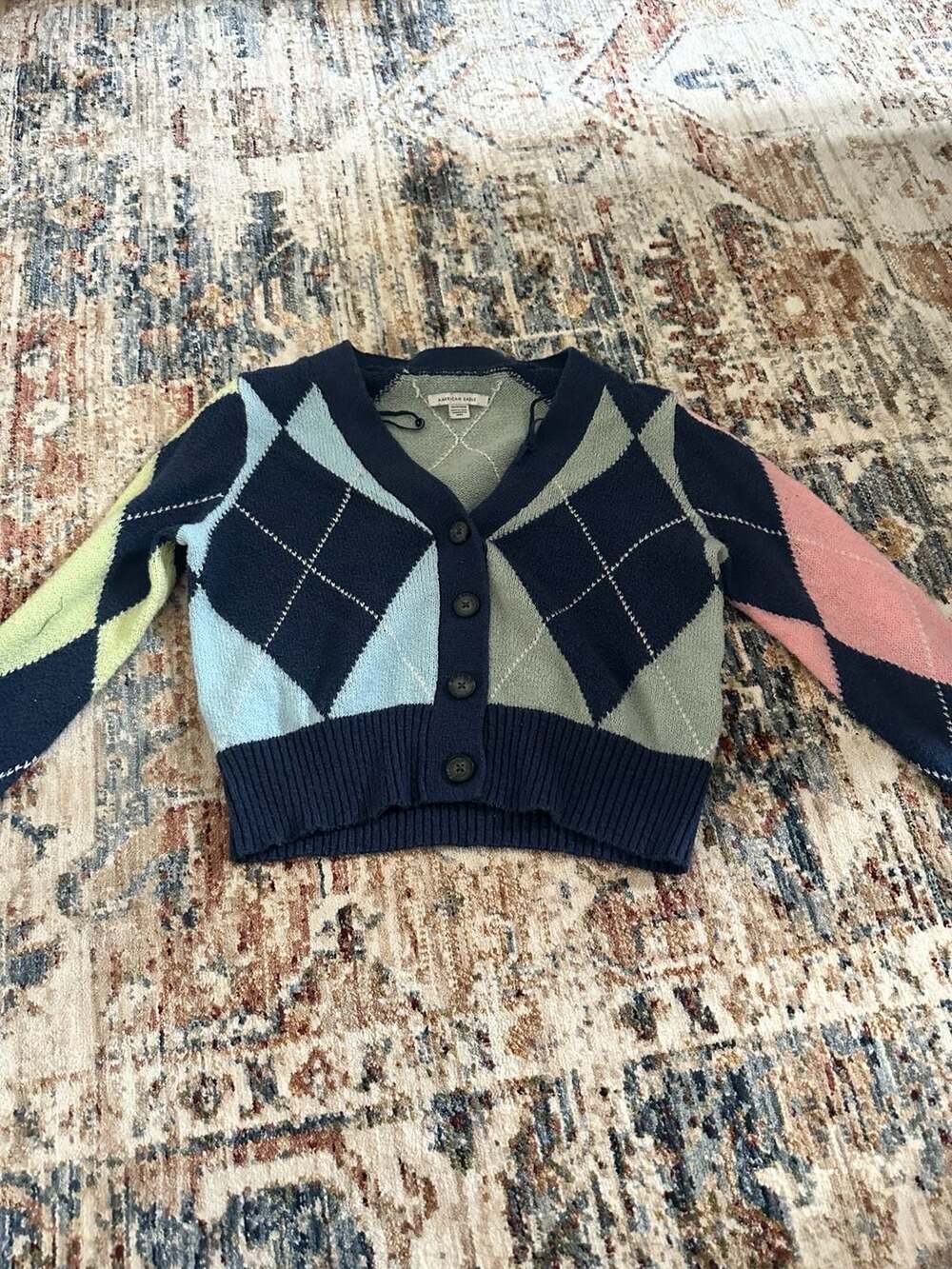 American Eagle Cropped Argyle Cardigan Sweater Size XS Multi-Color